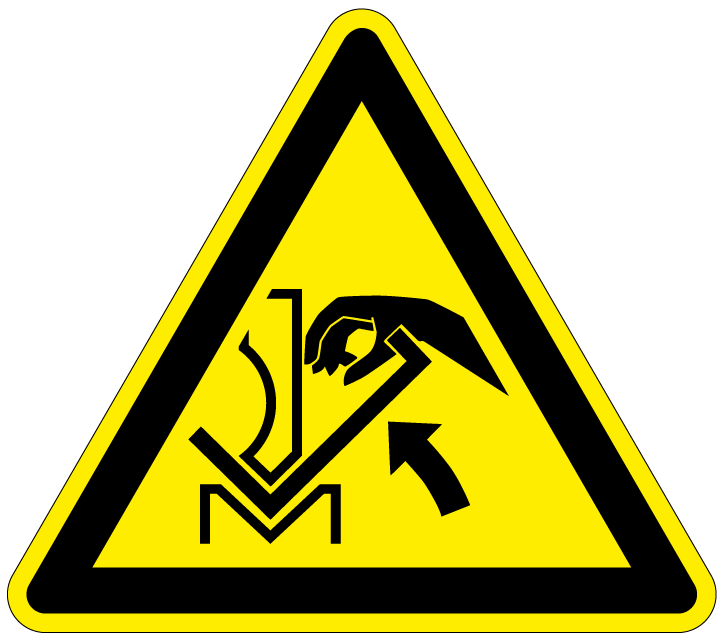 pictogram knelgevaar handen pers en werkstuk, geel zwart, driehoek, iso 7010, w031
